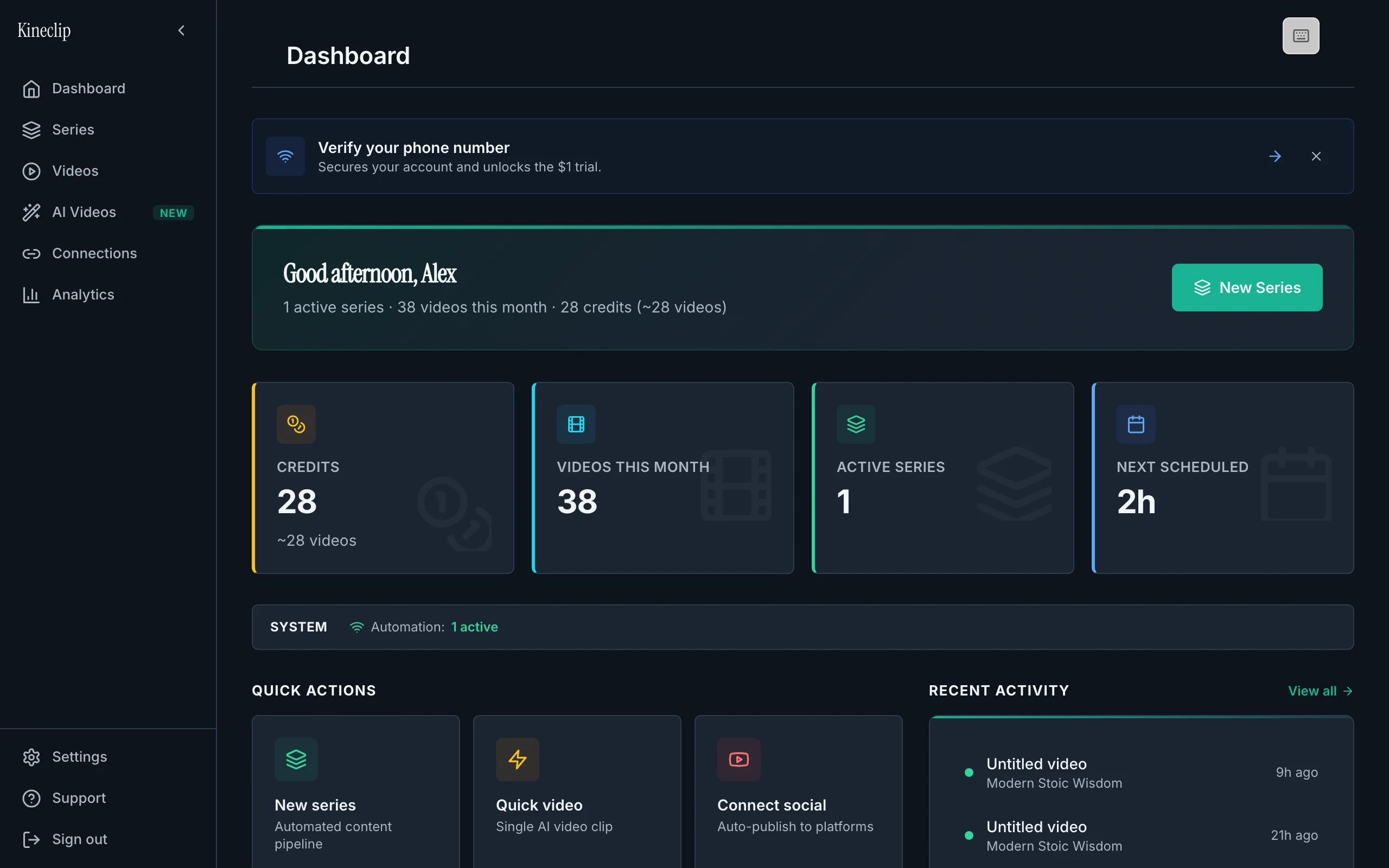 Kineclip dashboard — series overview, today's schedule, and recent uploads