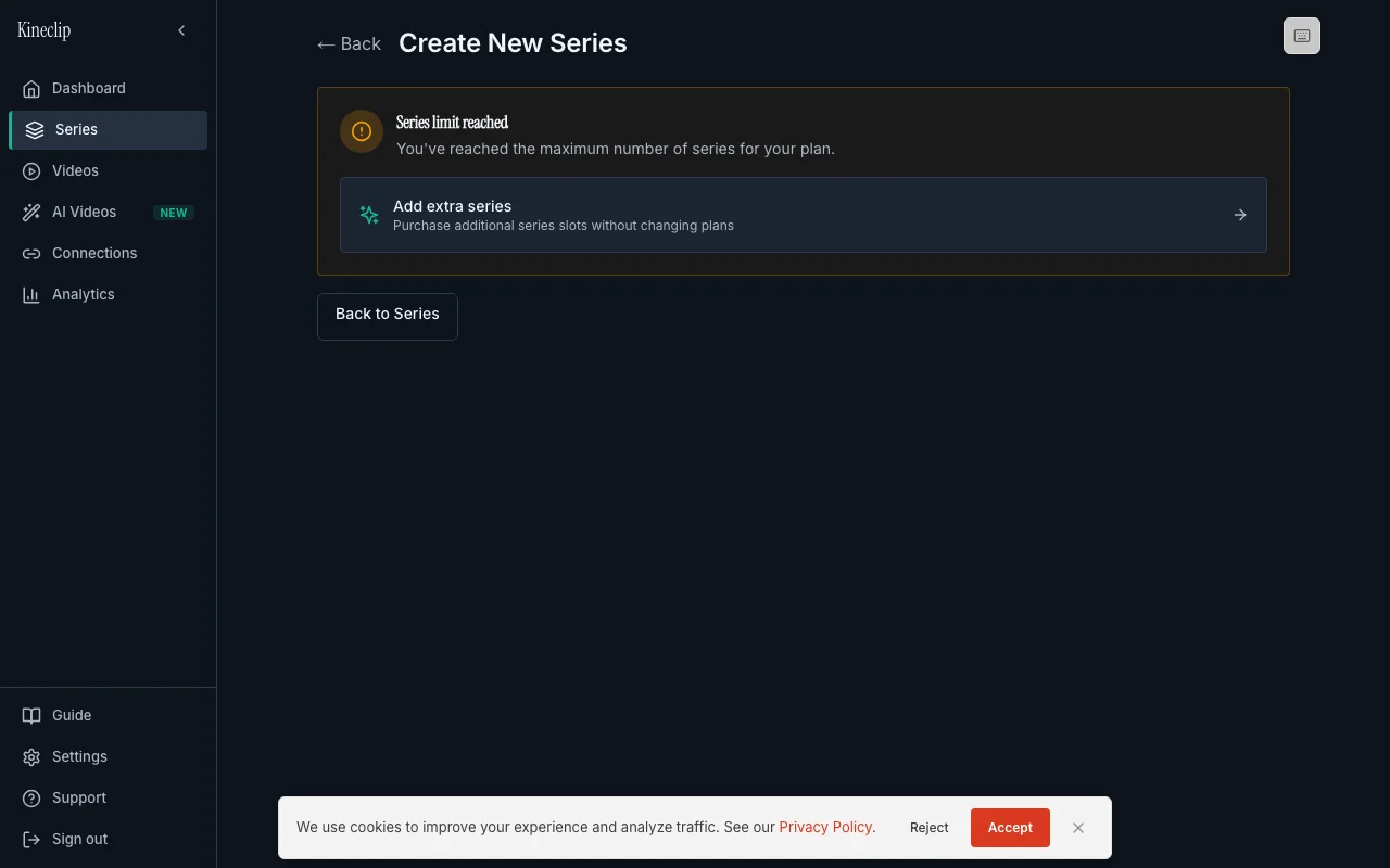 Series setup screen showing niche picker